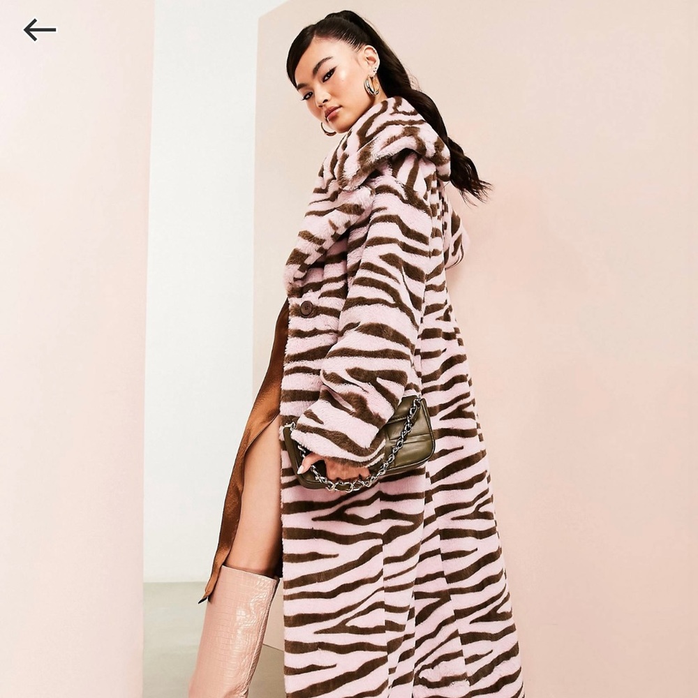 Pink Brown faux fur zebra print coat